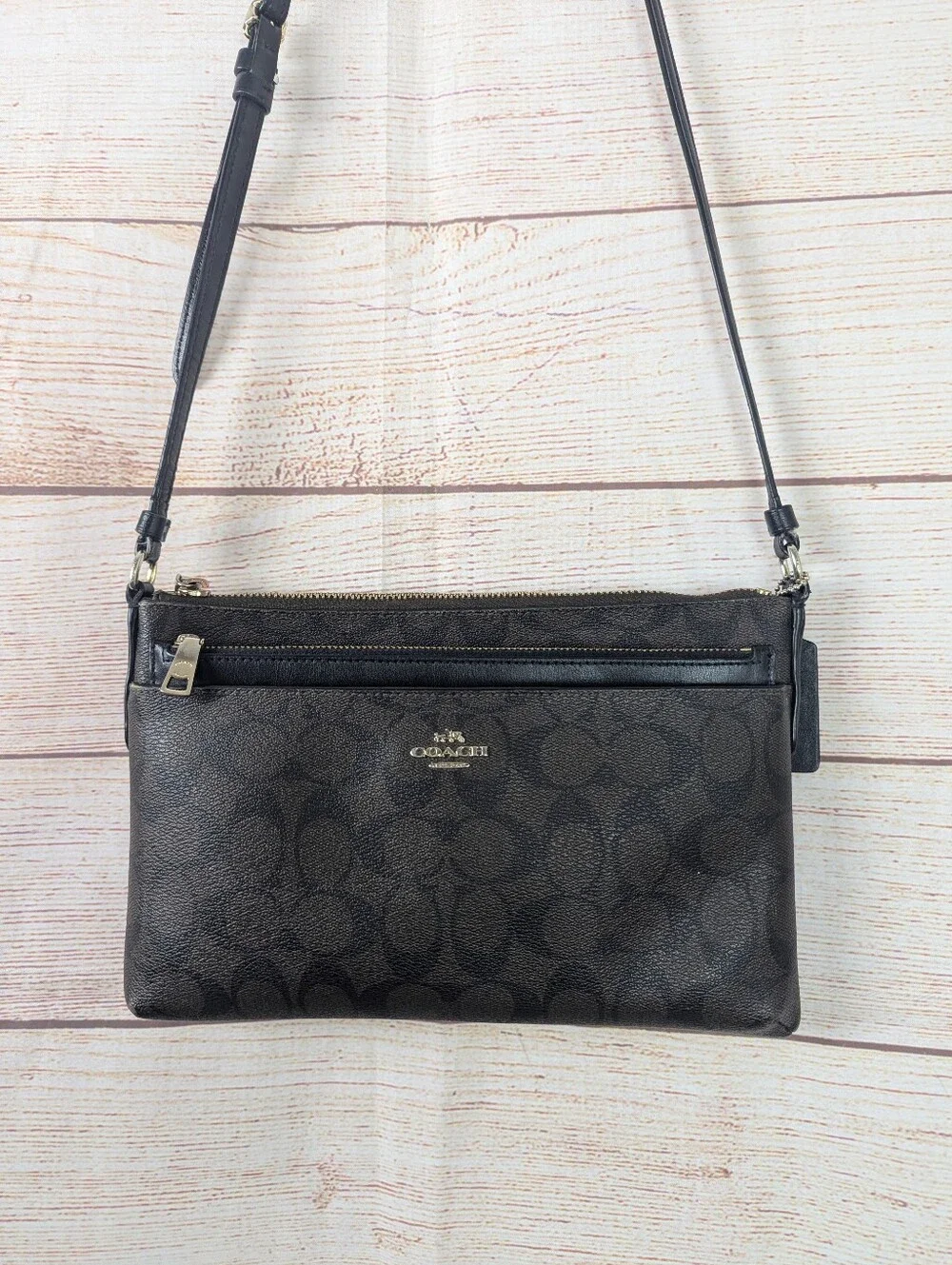 COACH Signature Leather Crossbody Bag Brown Black Canvas Print Zip Pocket Purse